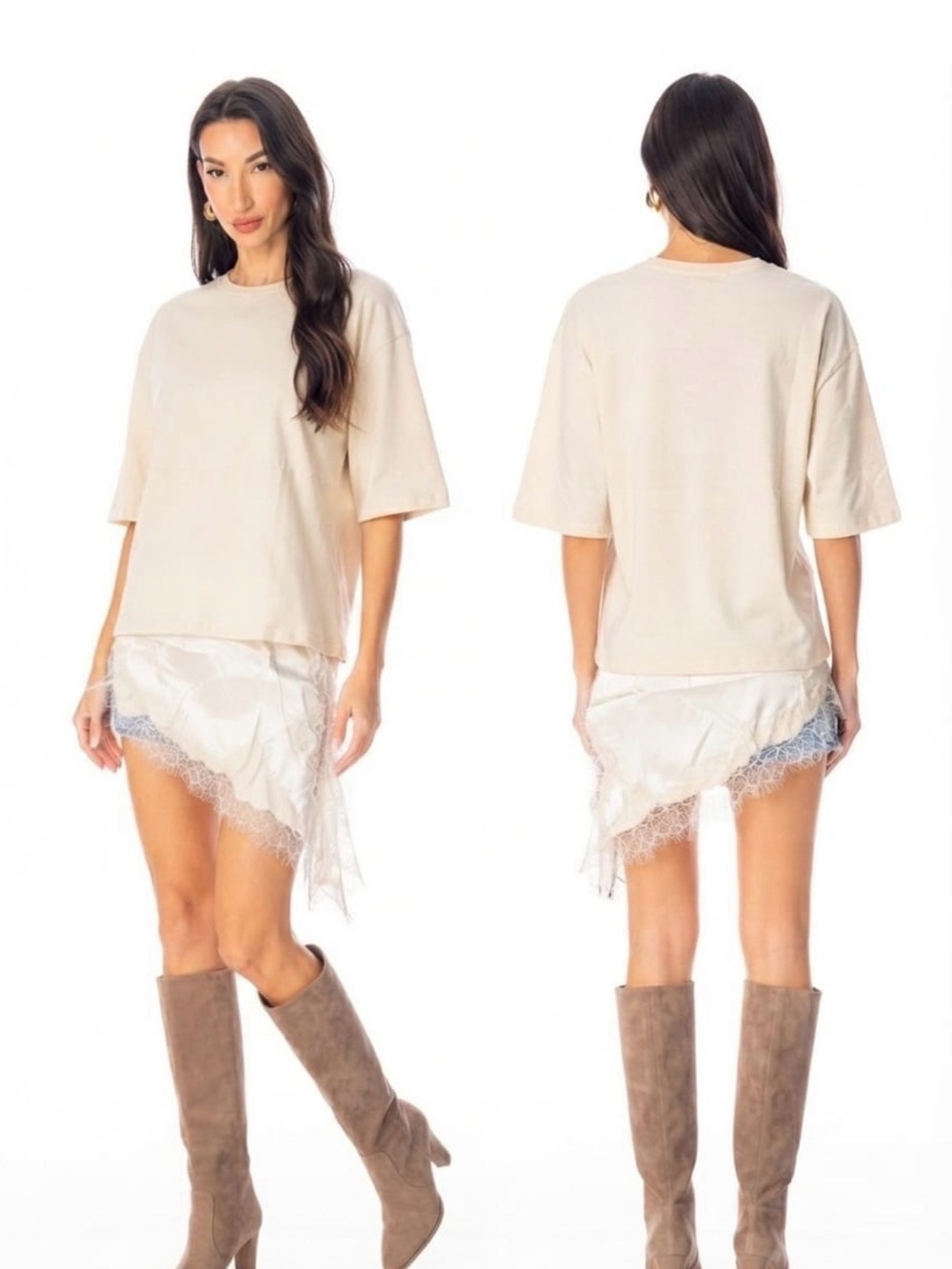 Women's Cream Asymmetrical Lace-Trim Satin Skirt